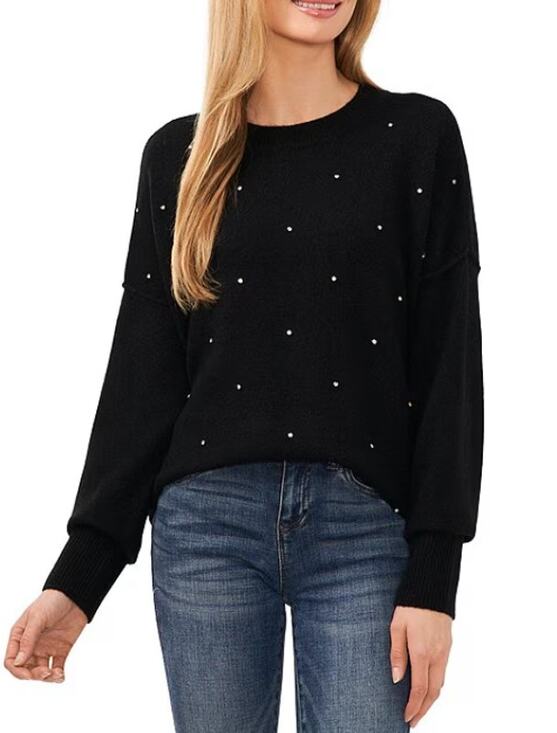 CeCe Sweaters - CECE Crew Neck Drop Shoulder Rhinestone Sweater Large Black  Jersey Knit NWT